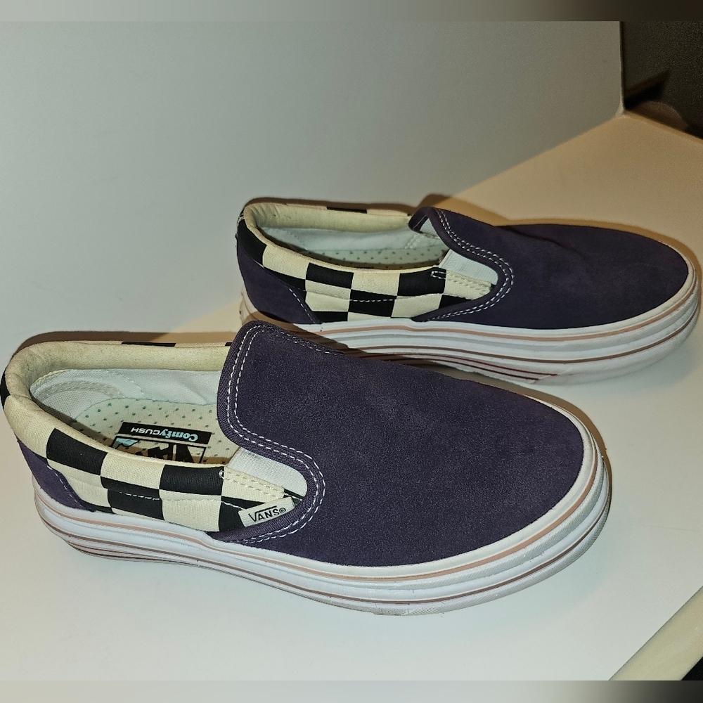 Vans Women's Purple and Black Checkered Slip-On Sneakers‎
